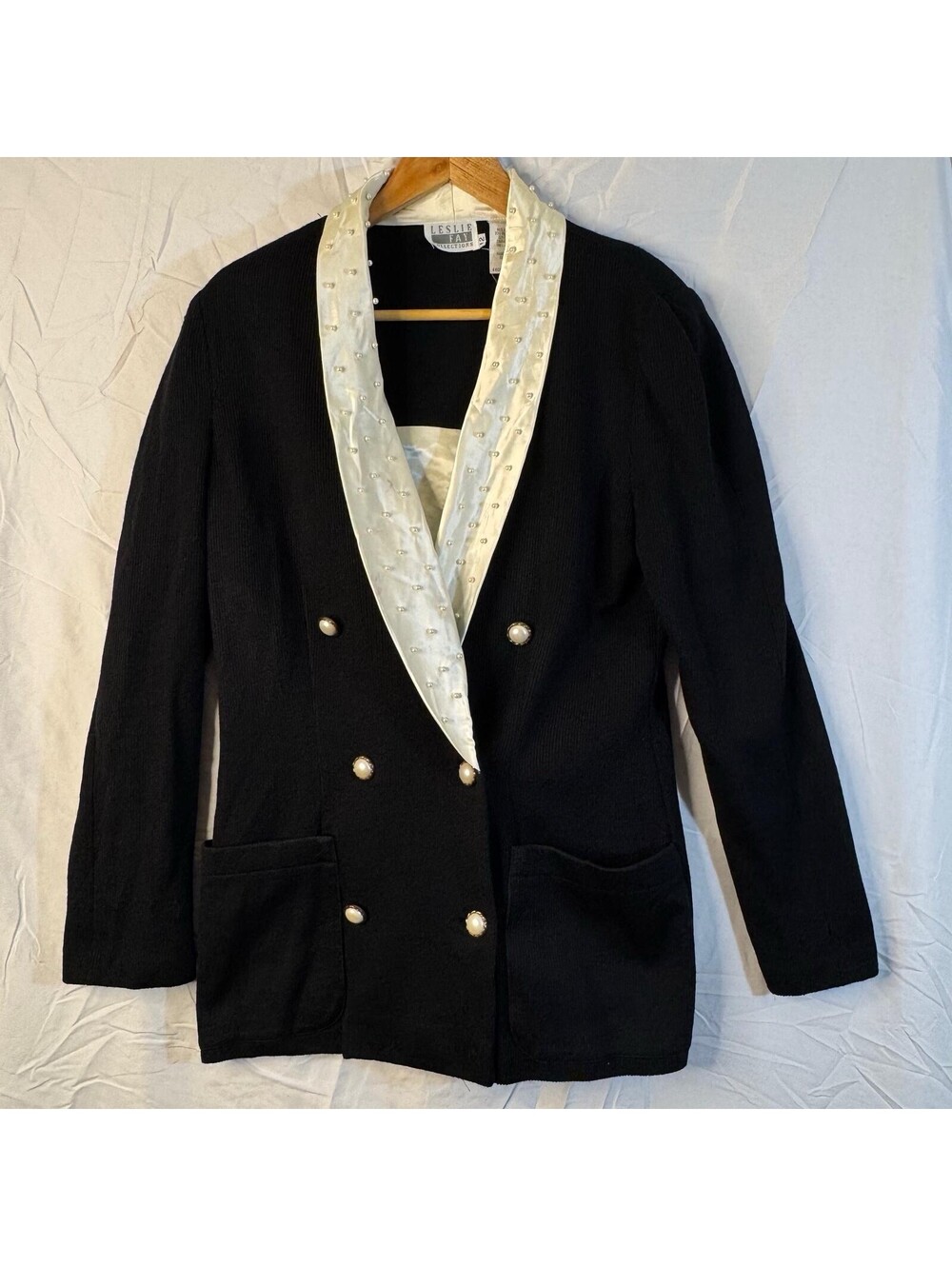 Leslie Fay Blazer 12 Black Knit Pearl Satin Lapel Double Breasted Vintage